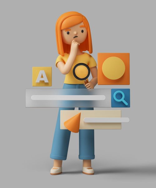 3d female character looking online with the help of a search bar - SEO Agency